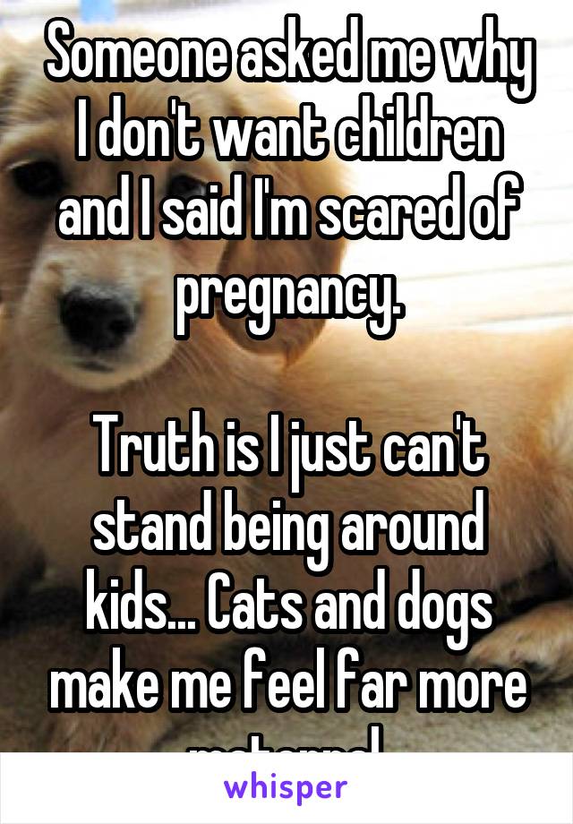 Someone asked me why I don't want children and I said I'm scared of pregnancy.

Truth is I just can't stand being around kids... Cats and dogs make me feel far more maternal.