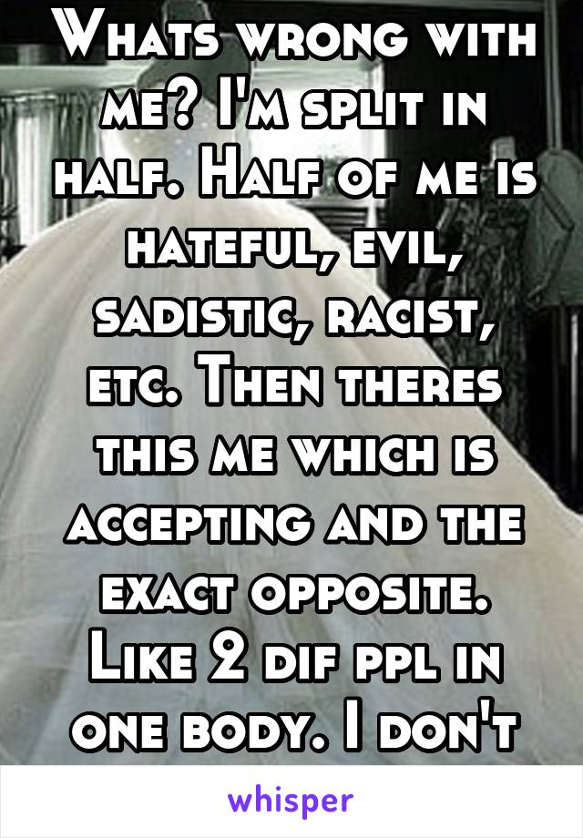 Whats wrong with me? I'm split in half. Half of me is hateful, evil, sadistic, racist, etc. Then theres this me which is accepting and the exact opposite. Like 2 dif ppl in one body. I don't understan