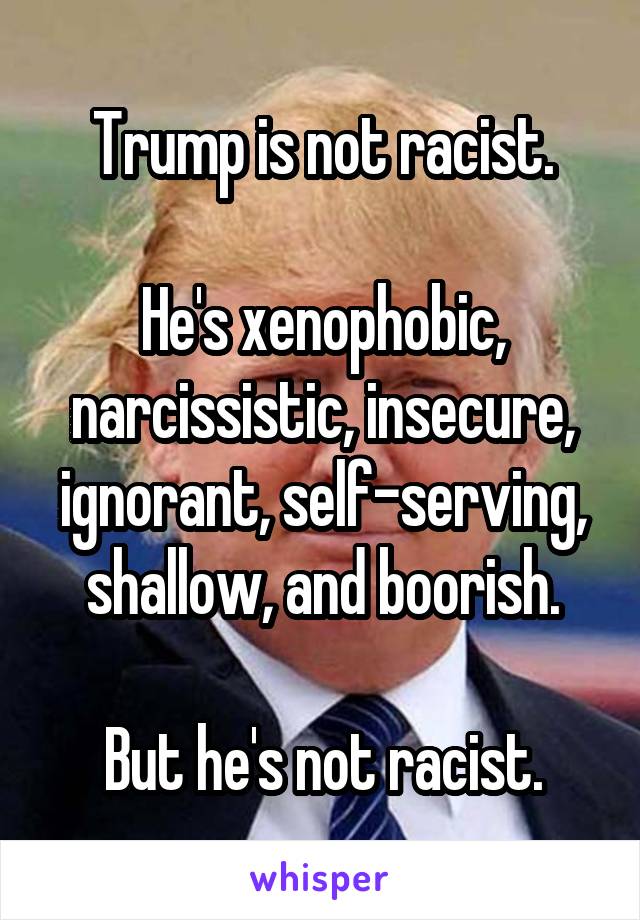 Trump is not racist.

He's xenophobic, narcissistic, insecure, ignorant, self-serving, shallow, and boorish.

But he's not racist.