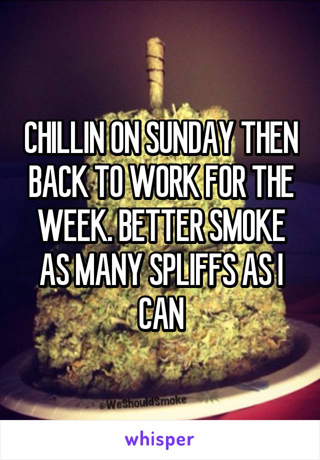 CHILLIN ON SUNDAY THEN BACK TO WORK FOR THE WEEK. BETTER SMOKE AS MANY SPLIFFS AS I CAN