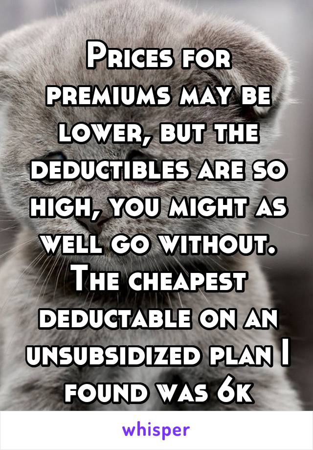 Prices for premiums may be lower, but the deductibles are so high, you might as well go without. The cheapest deductable on an unsubsidized plan I found was 6k