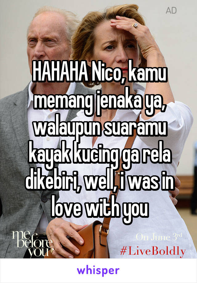 HAHAHA Nico, kamu memang jenaka ya, walaupun suaramu kayak kucing ga rela dikebiri, well, i was in love with you