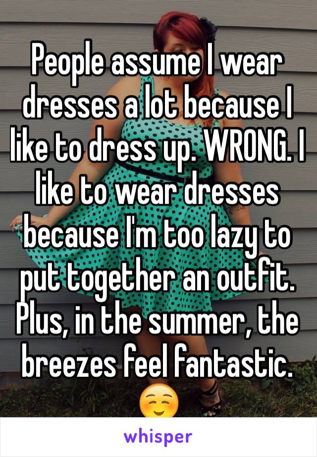 People assume I wear dresses a lot because I like to dress up. WRONG. I like to wear dresses because I'm too lazy to put together an outfit. Plus, in the summer, the breezes feel fantastic.
☺️