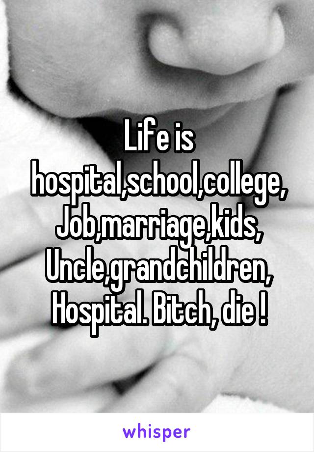 Life is hospital,school,college,
Job,marriage,kids,
Uncle,grandchildren,
Hospital. Bitch, die !