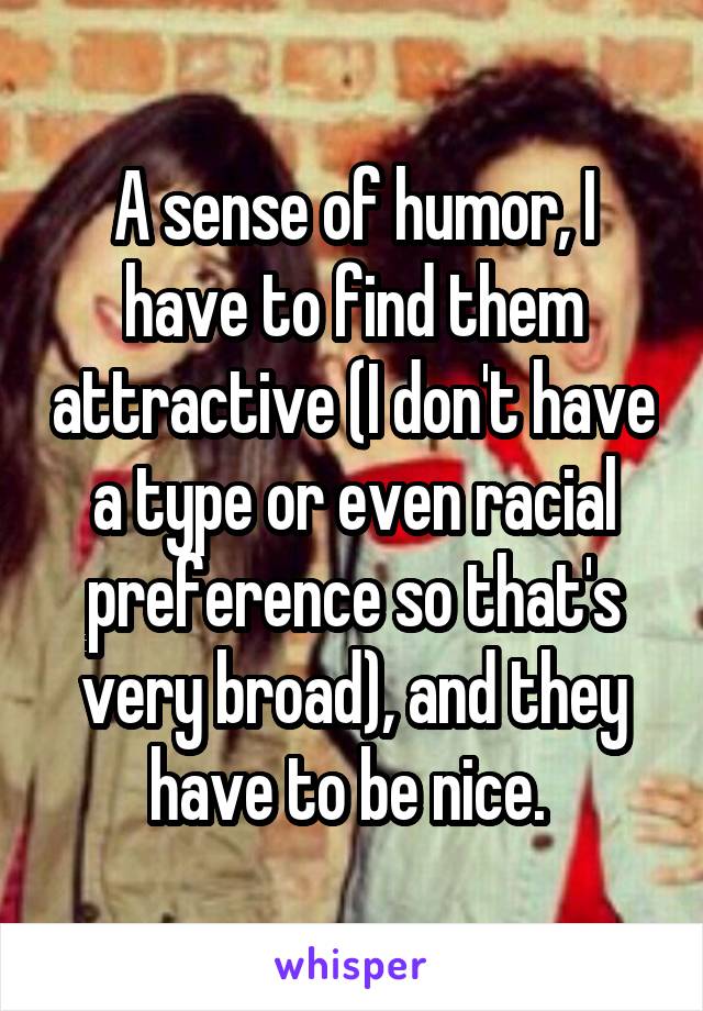 A sense of humor, I have to find them attractive (I don't have a type or even racial preference so that's very broad), and they have to be nice. 