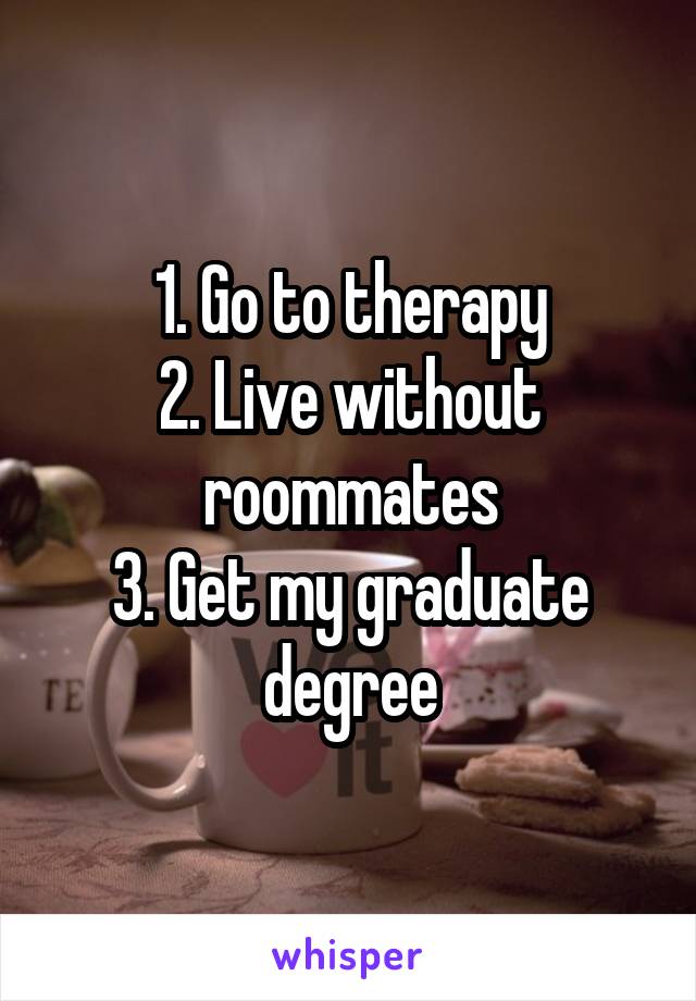 1. Go to therapy
2. Live without roommates
3. Get my graduate degree