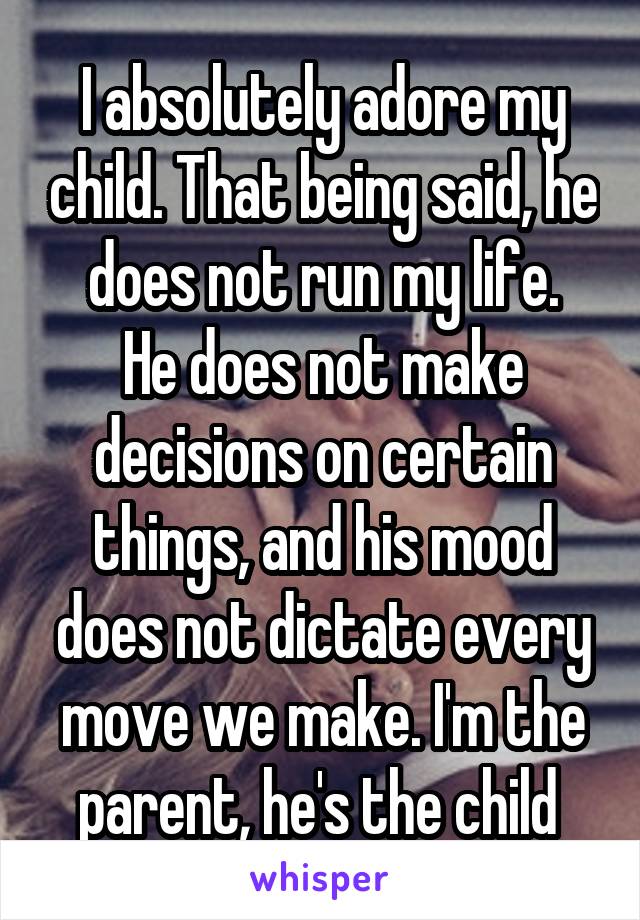 I absolutely adore my child. That being said, he does not run my life.
He does not make decisions on certain things, and his mood does not dictate every move we make. I'm the parent, he's the child 