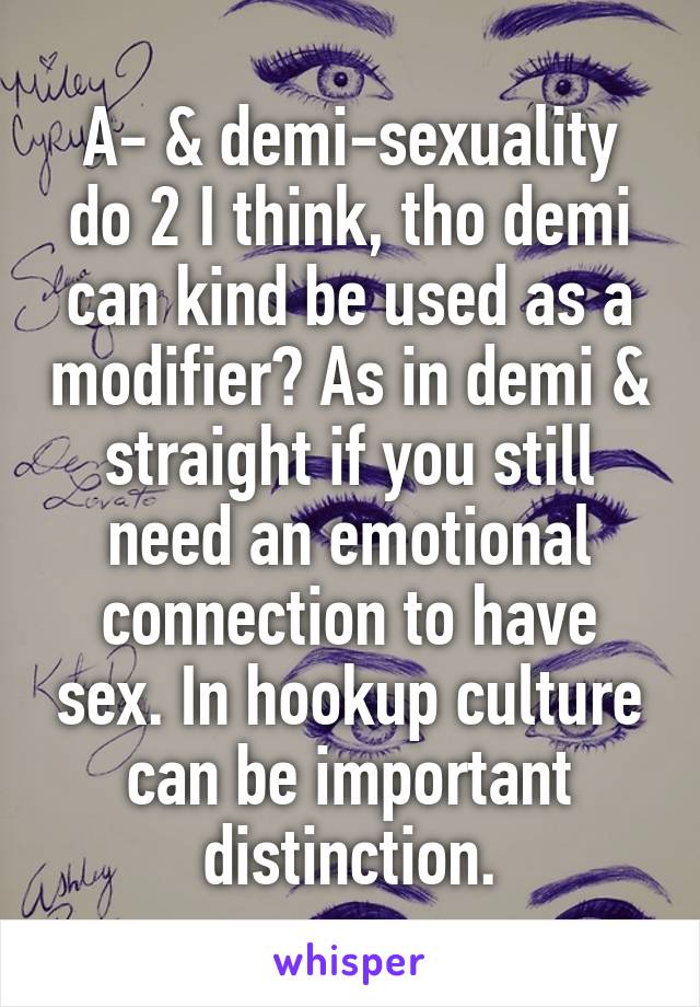 A- & demi-sexuality do 2 I think, tho demi can kind be used as a modifier? As in demi & straight if you still need an emotional connection to have sex. In hookup culture can be important distinction.