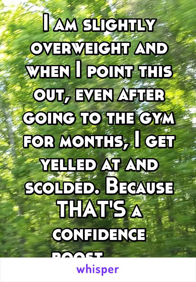 I am slightly overweight and when I point this out, even after going to the gym for months, I get yelled at and scolded. Because THAT'S a confidence boost........