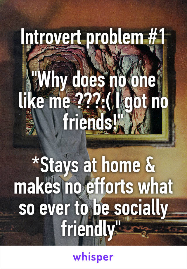 Introvert problem #1

"Why does no one like me ???:( I got no friends!"

*Stays at home & makes no efforts what so ever to be socially friendly" 