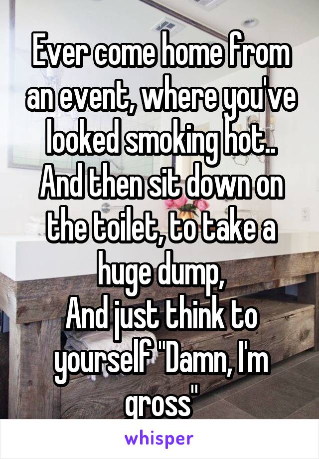 Ever come home from an event, where you've looked smoking hot..
And then sit down on the toilet, to take a huge dump,
And just think to yourself "Damn, I'm gross"