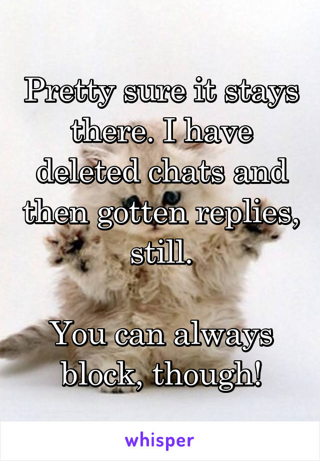 Pretty sure it stays there. I have deleted chats and then gotten replies, still.

You can always block, though!