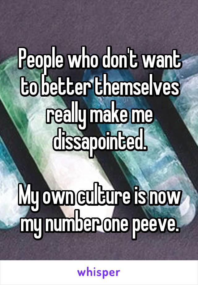 People who don't want to better themselves really make me dissapointed.

My own culture is now my number one peeve.