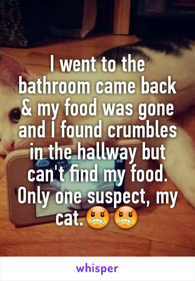 I went to the bathroom came back & my food was gone and I found crumbles in the hallway but can't find my food. Only one suspect, my cat.😠😠