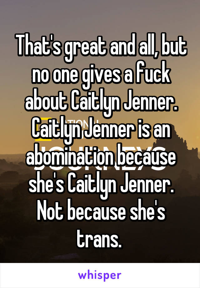 That's great and all, but no one gives a fuck about Caitlyn Jenner. Caitlyn Jenner is an abomination because she's Caitlyn Jenner. Not because she's trans. 