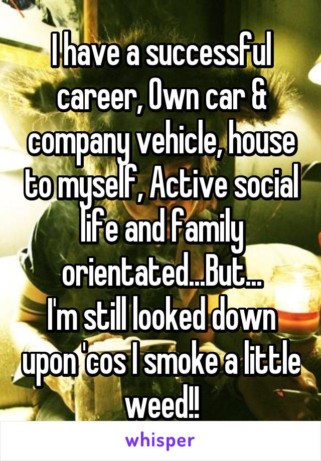 I have a successful career, Own car & company vehicle, house to myself, Active social life and family orientated...But...
I'm still looked down upon 'cos I smoke a little weed!!