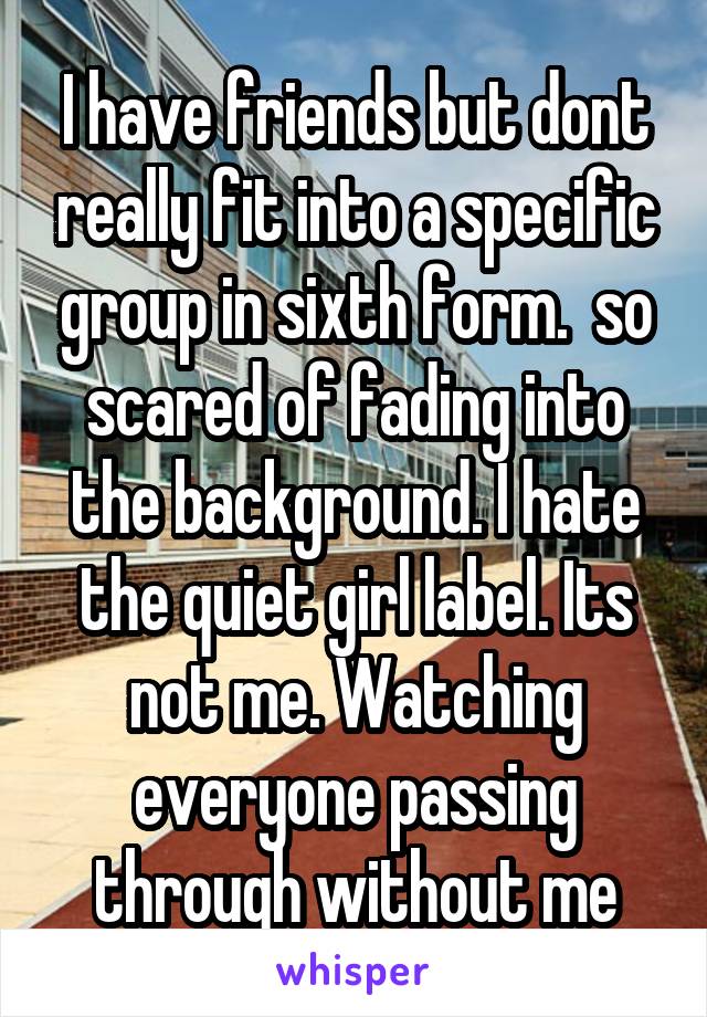 I have friends but dont really fit into a specific group in sixth form.  so scared of fading into the background. I hate the quiet girl label. Its not me. Watching everyone passing through without me