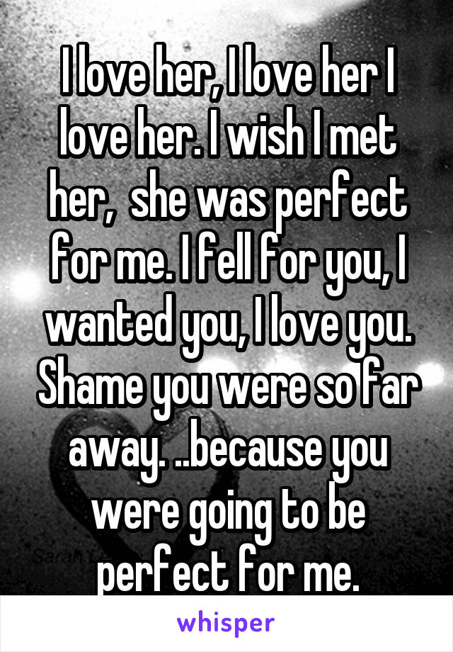 I love her, I love her I love her. I wish I met her,  she was perfect for me. I fell for you, I wanted you, I love you. Shame you were so far away. ..because you were going to be perfect for me.