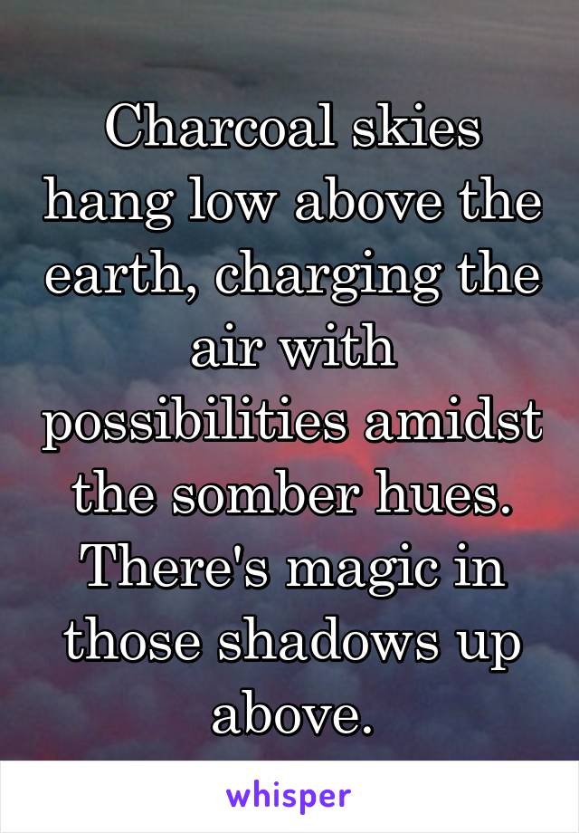 Charcoal skies hang low above the earth, charging the air with possibilities amidst the somber hues. There's magic in those shadows up above.