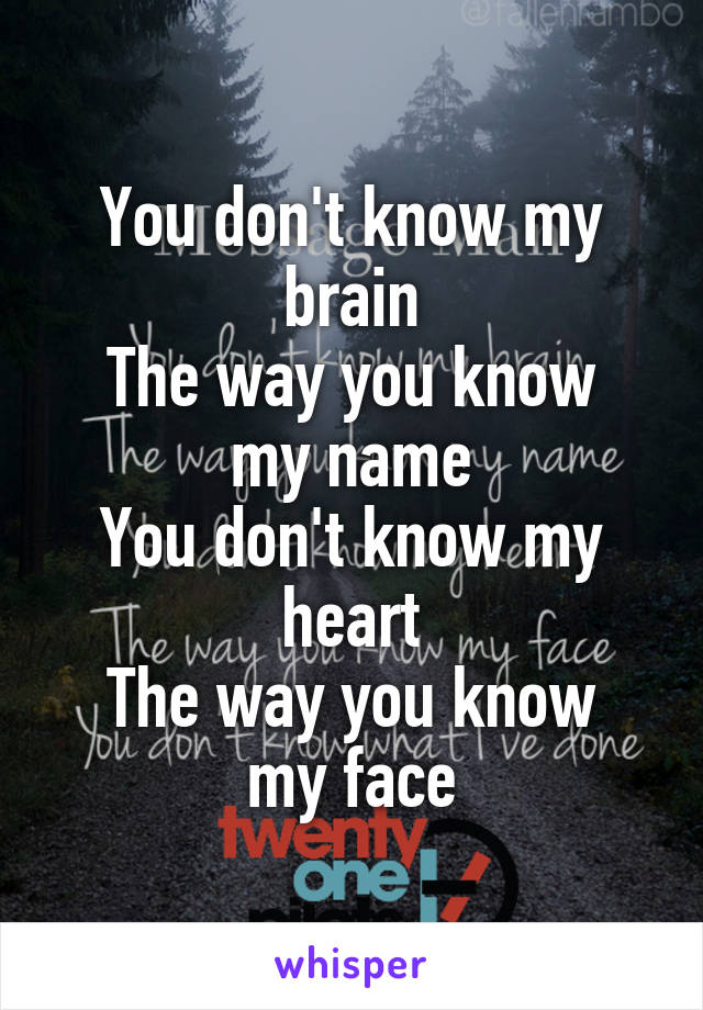 You don't know my brain
The way you know my name
You don't know my heart
The way you know my face