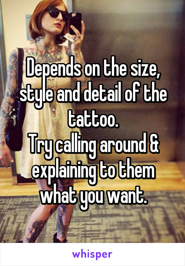 Depends on the size, style and detail of the tattoo.
Try calling around & explaining to them what you want.