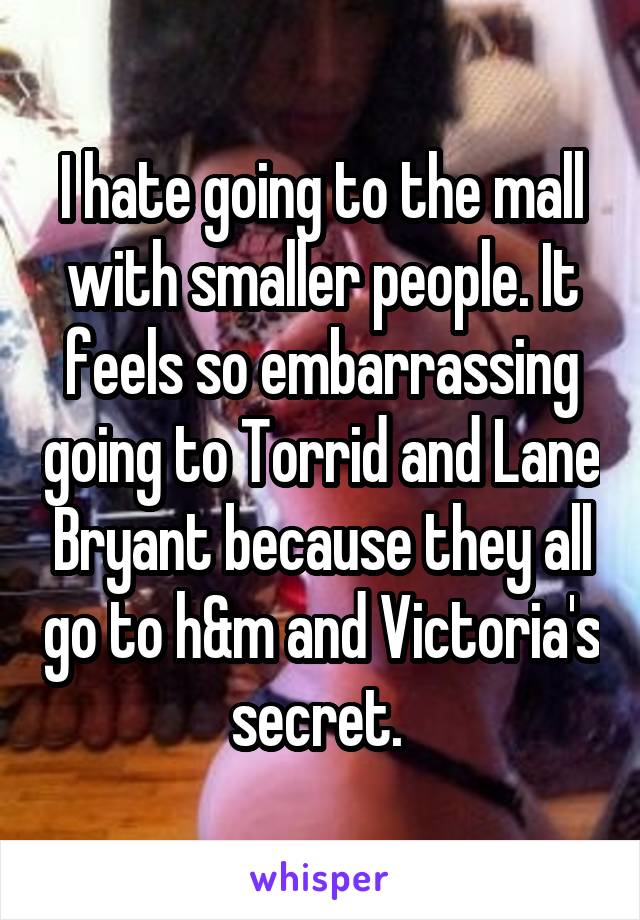 I hate going to the mall with smaller people. It feels so embarrassing going to Torrid and Lane Bryant because they all go to h&m and Victoria's secret. 