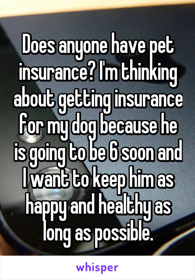 Does anyone have pet insurance? I'm thinking about getting insurance for my dog because he is going to be 6 soon and I want to keep him as happy and healthy as long as possible.