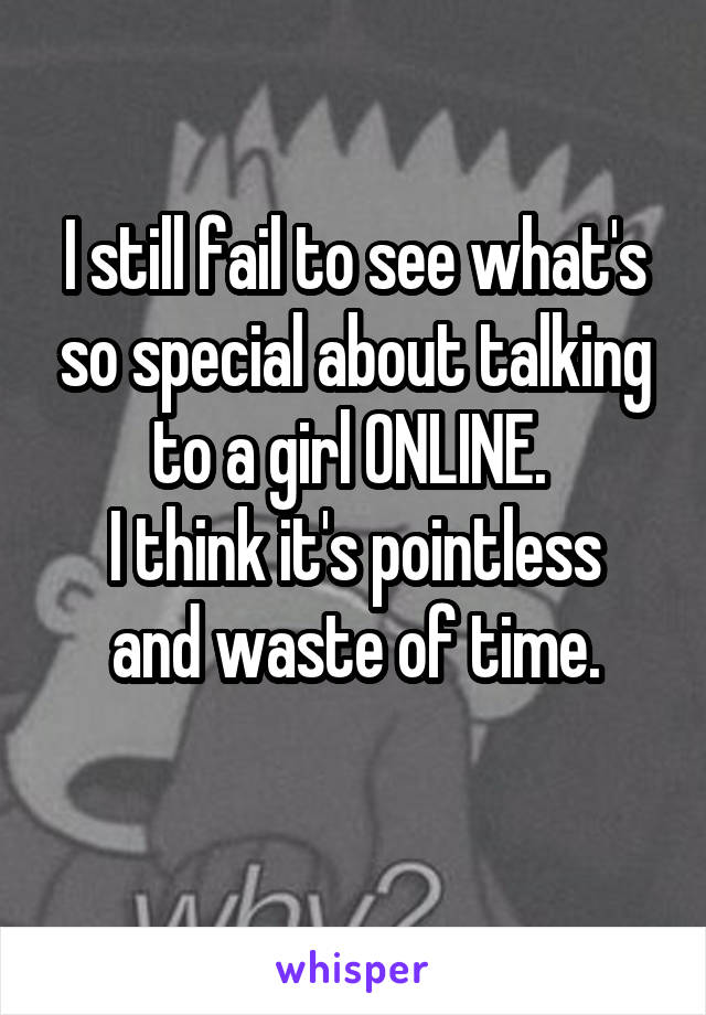 I still fail to see what's so special about talking to a girl ONLINE. 
I think it's pointless and waste of time.
