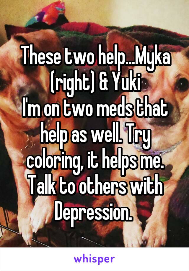 These two help...Myka (right) & Yuki
I'm on two meds that help as well. Try coloring, it helps me. Talk to others with Depression. 