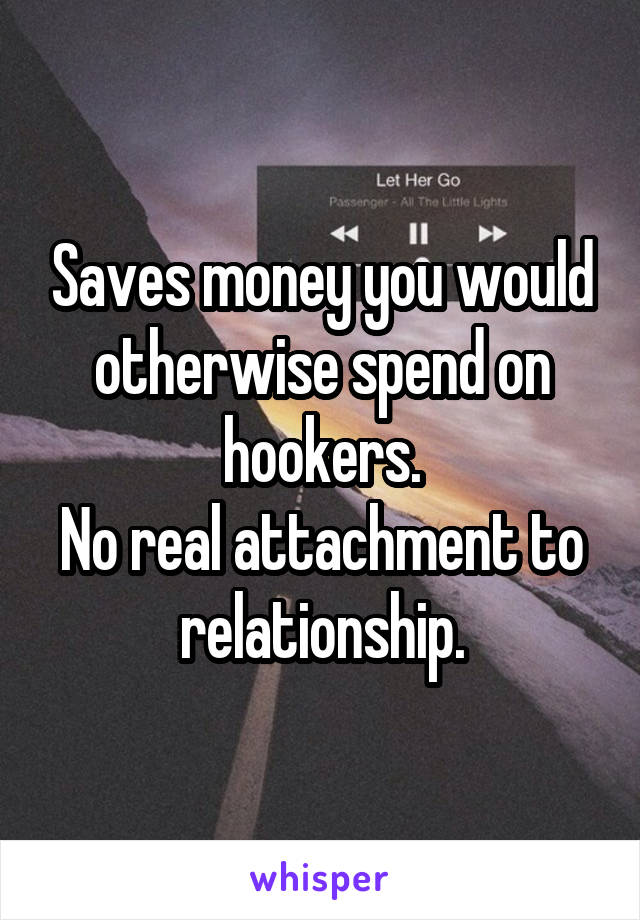 Saves money you would otherwise spend on hookers.
No real attachment to relationship.