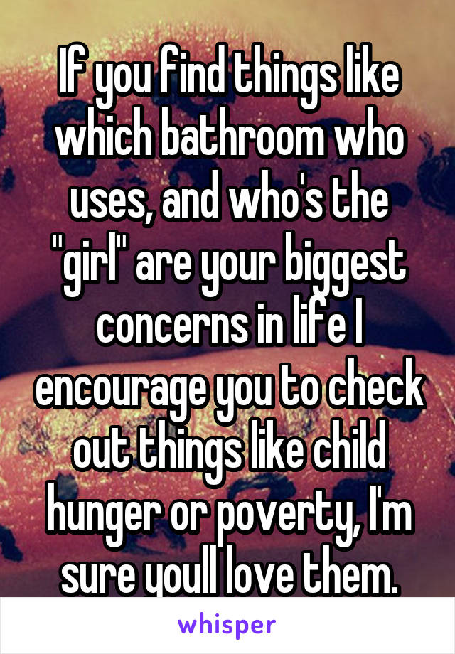 If you find things like which bathroom who uses, and who's the "girl" are your biggest concerns in life I encourage you to check out things like child hunger or poverty, I'm sure youll love them.