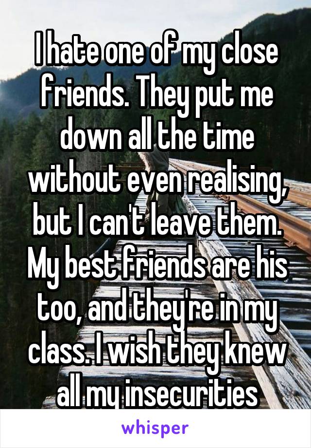 I hate one of my close friends. They put me down all the time without even realising, but I can't leave them. My best friends are his too, and they're in my class. I wish they knew all my insecurities