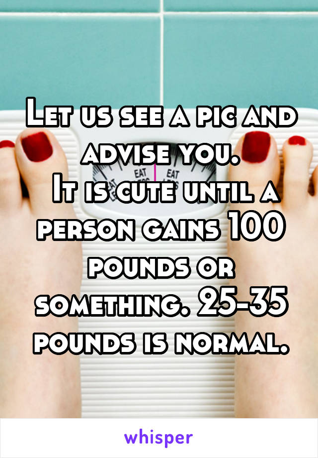 Let us see a pic and advise you.
 It is cute until a person gains 100 pounds or something. 25-35 pounds is normal.