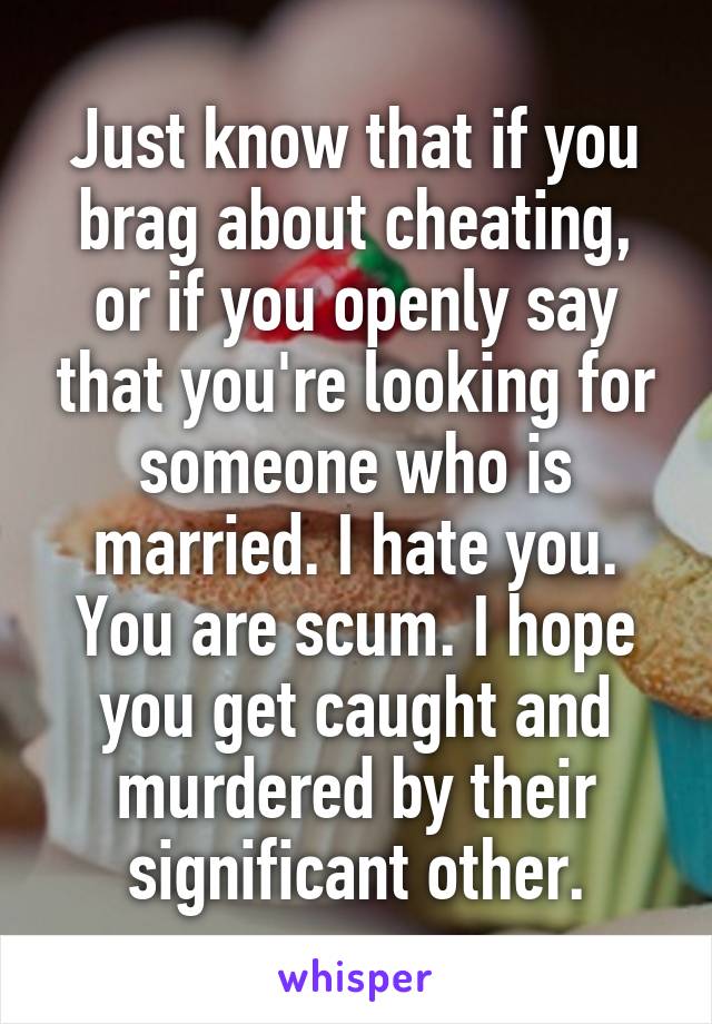 Just know that if you brag about cheating, or if you openly say that you're looking for someone who is married. I hate you. You are scum. I hope you get caught and murdered by their significant other.