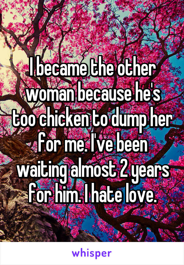 I became the other woman because he's too chicken to dump her for me. I've been waiting almost 2 years for him. I hate love.