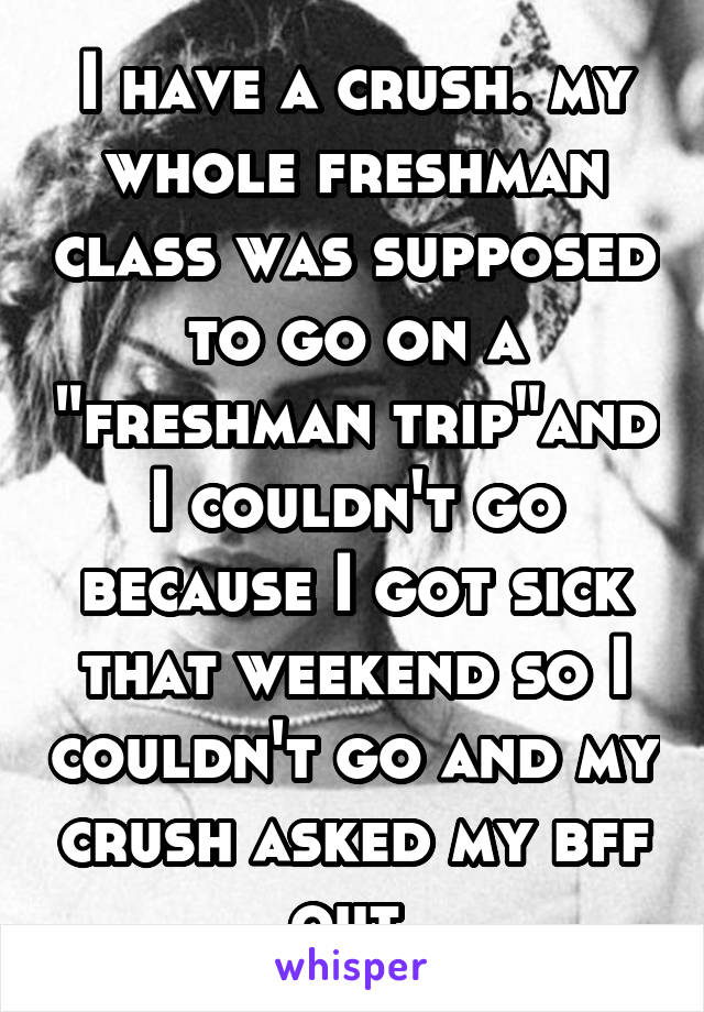 I have a crush. my whole freshman class was supposed to go on a "freshman trip"and I couldn't go because I got sick that weekend so I couldn't go and my crush asked my bff out.