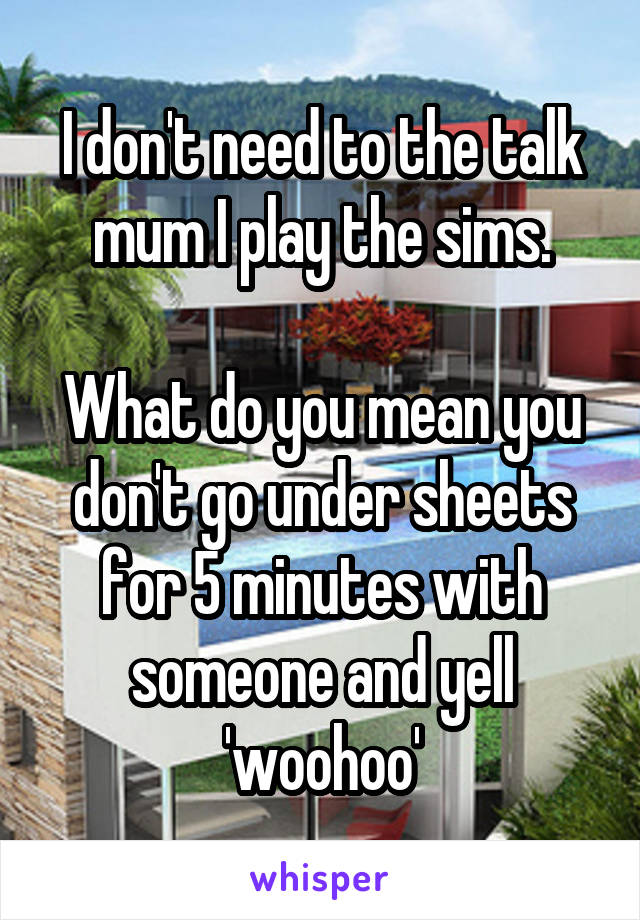 I don't need to the talk mum I play the sims.

What do you mean you don't go under sheets for 5 minutes with someone and yell 'woohoo'