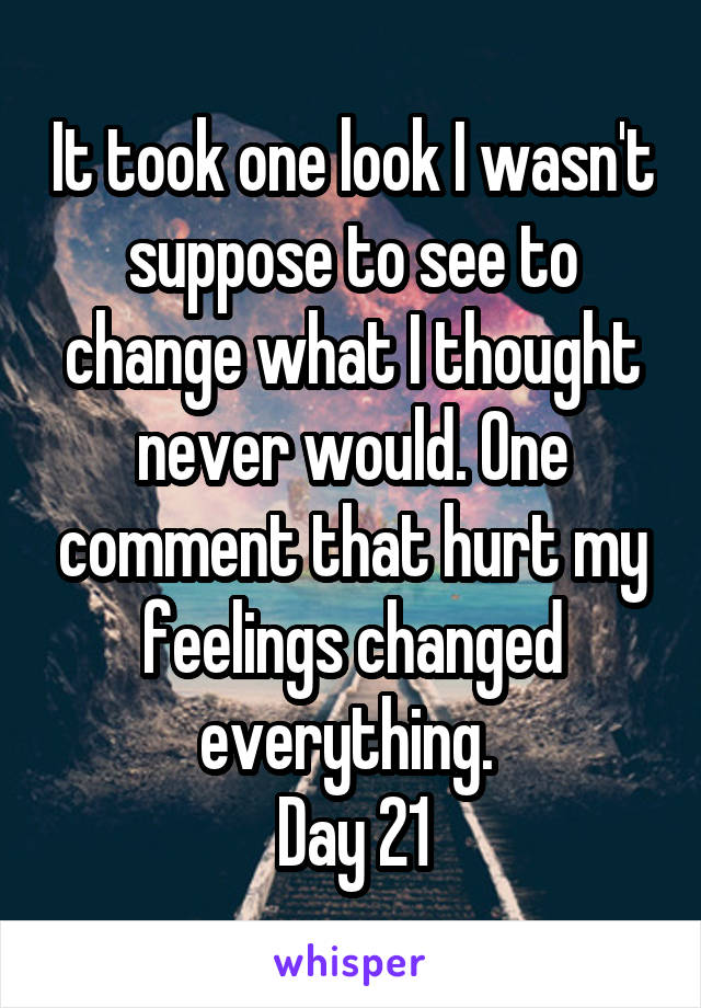 It took one look I wasn't suppose to see to change what I thought never would. One comment that hurt my feelings changed everything. 
Day 21