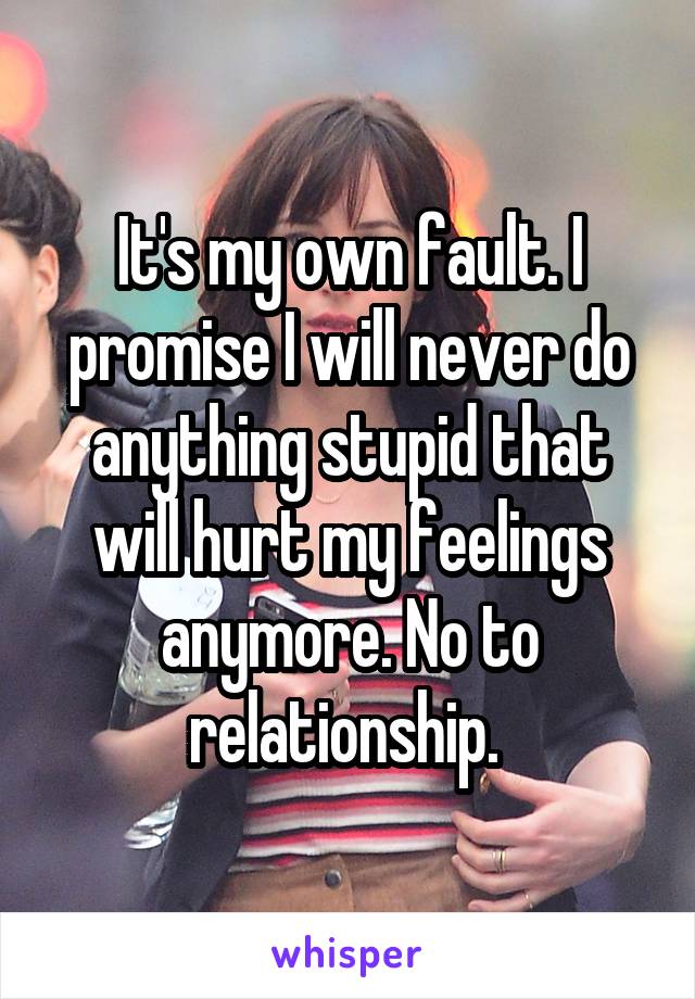 It's my own fault. I promise I will never do anything stupid that will hurt my feelings anymore. No to relationship. 