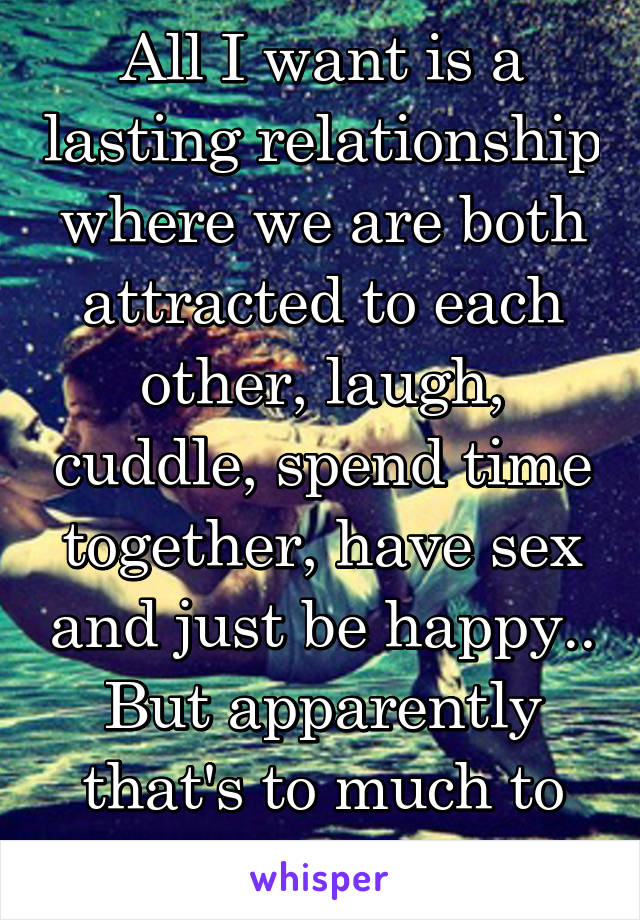 All I want is a lasting relationship where we are both attracted to each other, laugh, cuddle, spend time together, have sex and just be happy.. But apparently that's to much to ask for...