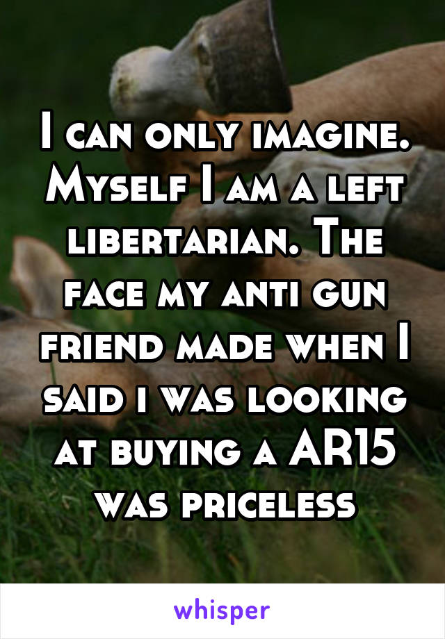 I can only imagine. Myself I am a left libertarian. The face my anti gun friend made when I said i was looking at buying a AR15 was priceless