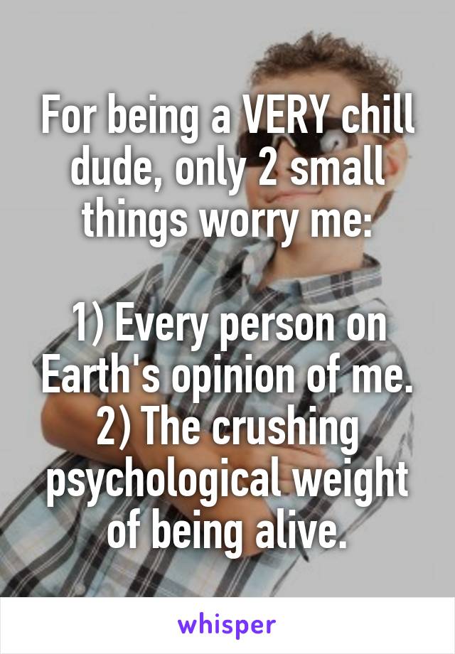 For being a VERY chill dude, only 2 small things worry me:

1) Every person on Earth's opinion of me.
2) The crushing psychological weight of being alive.