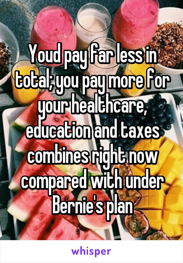 Youd pay far less in total; you pay more for your healthcare, education and taxes combines right now compared with under Bernie's plan