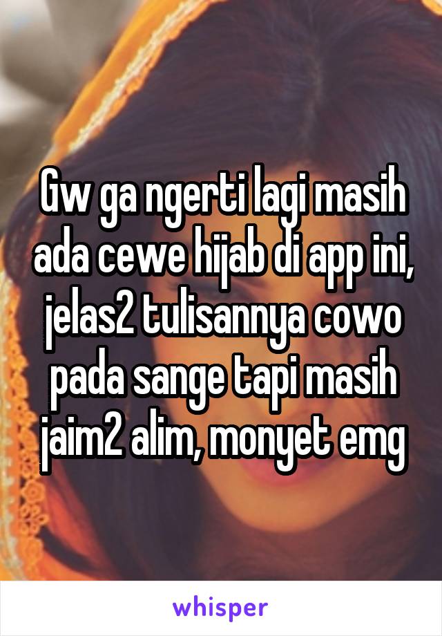 Gw ga ngerti lagi masih ada cewe hijab di app ini, jelas2 tulisannya cowo pada sange tapi masih jaim2 alim, monyet emg