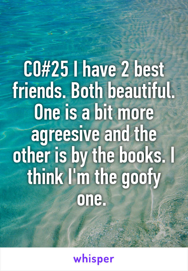 C0#25 I have 2 best friends. Both beautiful. One is a bit more agreesive and the other is by the books. I think I'm the goofy one. 