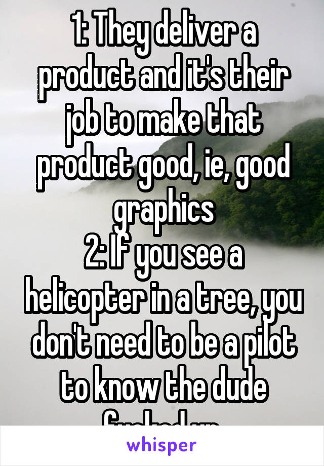 1: They deliver a product and it's their job to make that product good, ie, good graphics
2: If you see a helicopter in a tree, you don't need to be a pilot to know the dude fucked up.