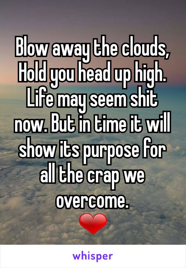 Blow away the clouds,
Hold you head up high.
Life may seem shit now. But in time it will show its purpose for all the crap we overcome.
❤