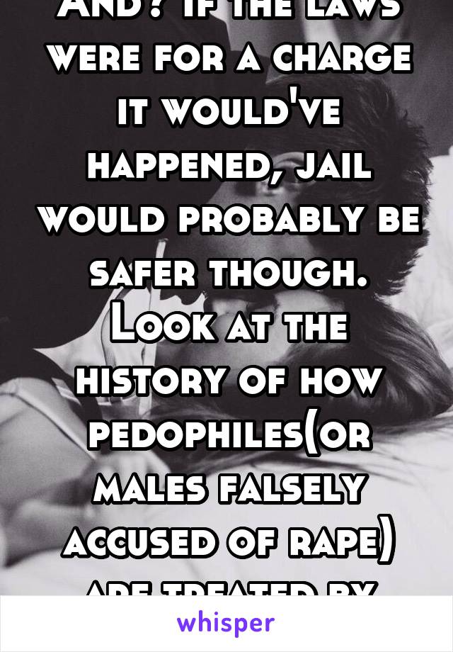 And? If the laws were for a charge it would've happened, jail would probably be safer though. Look at the history of how pedophiles(or males falsely accused of rape) are treated by society