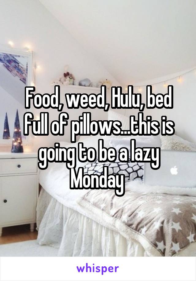 Food, weed, Hulu, bed full of pillows...this is going to be a lazy Monday 