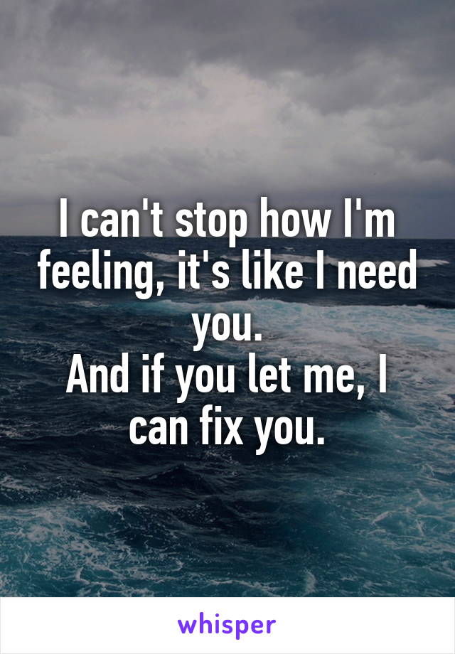 I can't stop how I'm feeling, it's like I need you.
And if you let me, I can fix you.